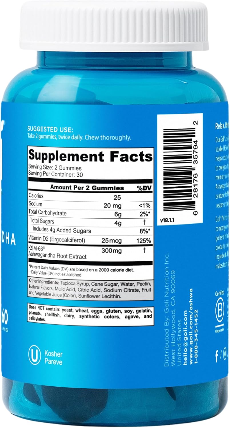 Goli Ashwagandha & Vitamin D Gummy - 60 Count - Mixed Berry, KSM-66, Vegan, Plant Based, Non-GMO, Gluten-Free & Gelatin Free Relax. Restore. Unwind, Pack of 1