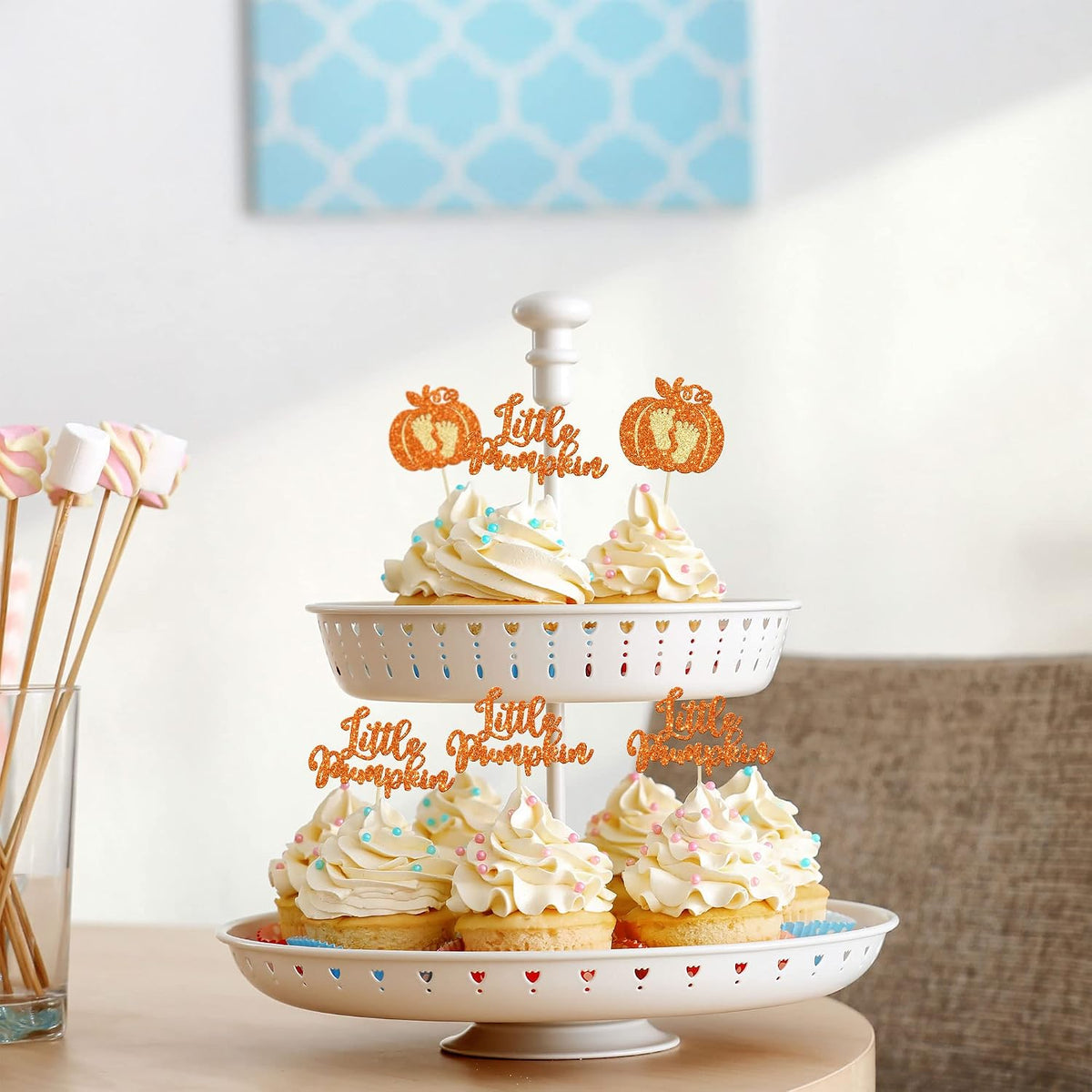 24pc Little Pumpkin Cupcake Toppers - Glitter Pumpkin Cupcake Picks - Baby Shower Decorations - Fall Harvest Theme - Kids Birthday Party Supplies