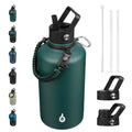 BJPKPK Half Gallon Insulated Water Bottles with Straw Lid & Side Handle, 64oz Large, Stainless Steel Water Bottles with 3 Lids and Paracord Strap, Metal Water Jug,Black