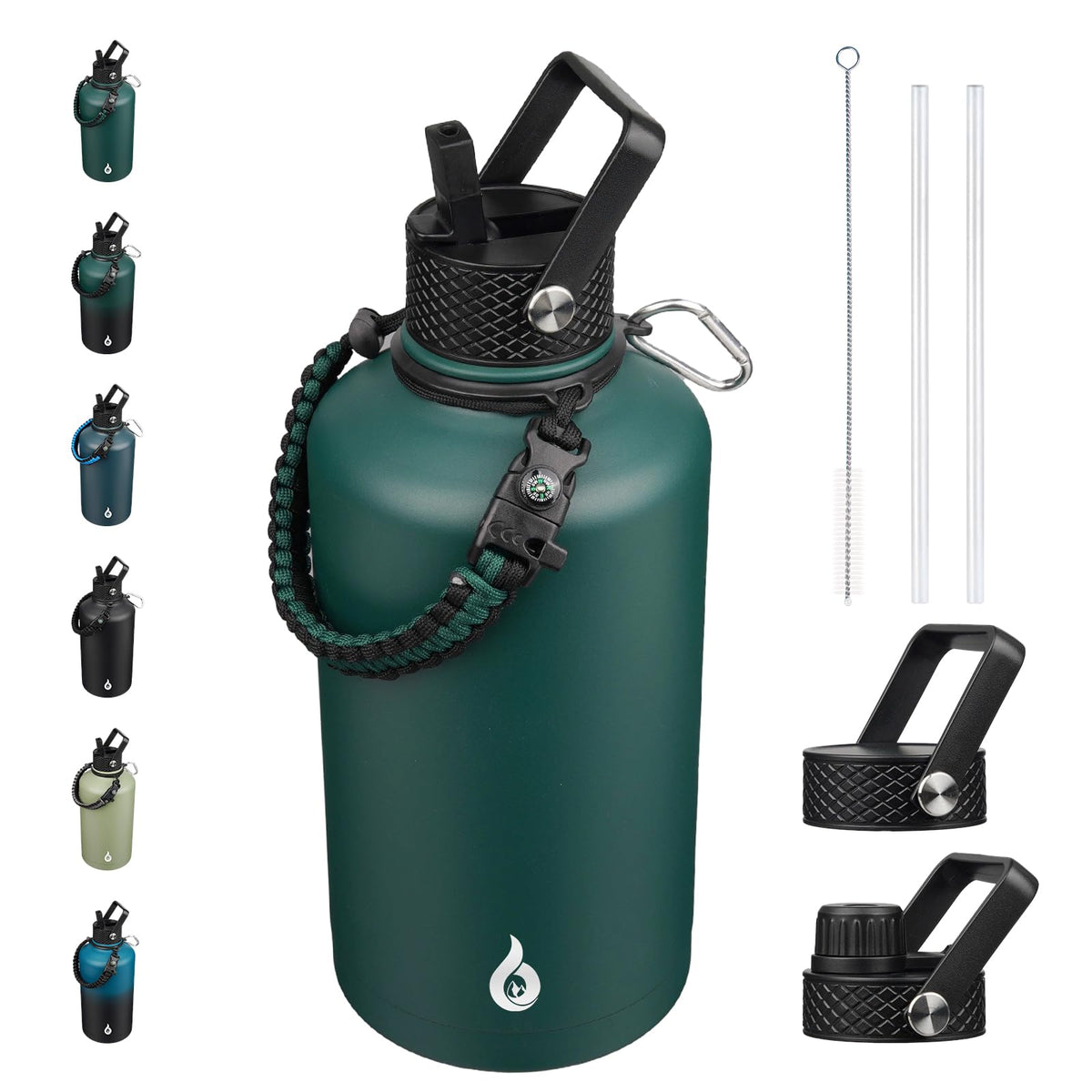 BJPKPK Half Gallon Insulated Water Bottles with Straw Lid & Side Handle, 64oz Large, Stainless Steel Water Bottles with 3 Lids and Paracord Strap, Metal Water Jug,Black