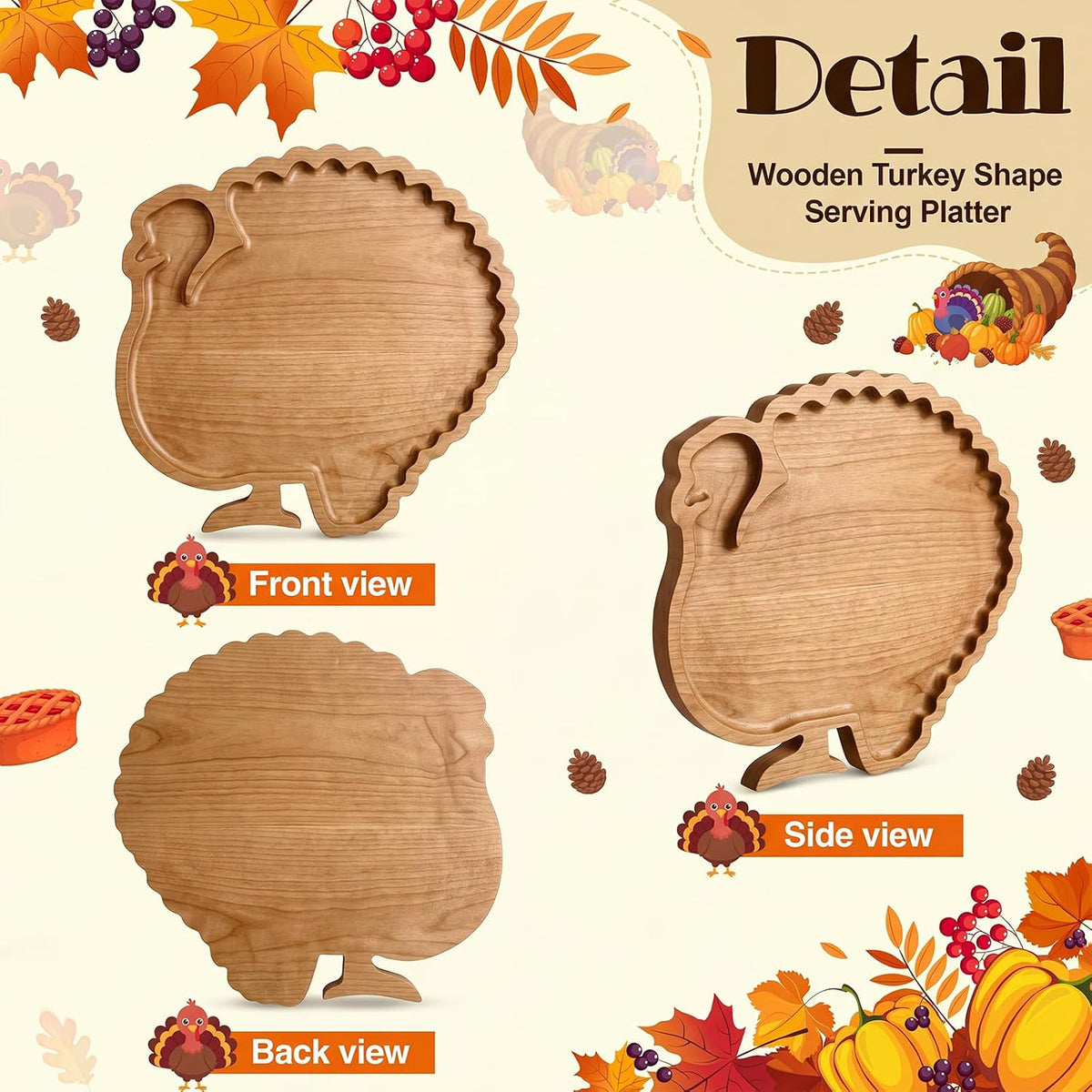 Sliner Turkey Charcuterie Board Wooden Thanksgiving Serving Platter Tray