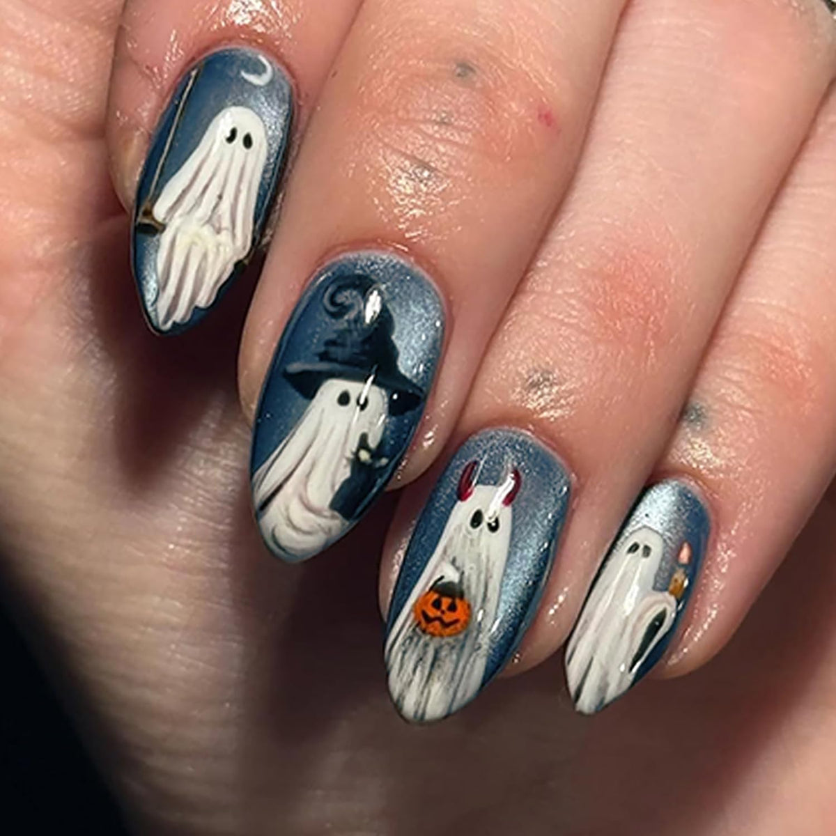 Pink Halloween Press on Nails Long Coffin Fake Nails Cute Ghost Bat Spider Web Design Glossy Acrylic Nails Reusable Stick on Nails Full Cover Artificial Nails Halloween Costume Party Daily Nail Decor