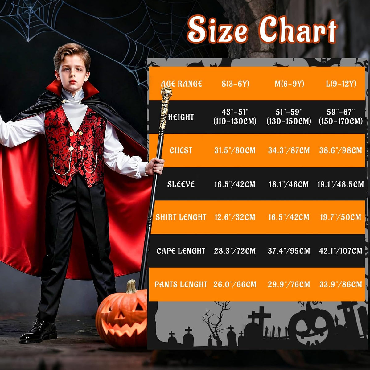 Boys Vampire Costume Set, Halloween Party Vampire Cosplay Outfit with Cape, Shirt, Pants & Cane, kids dracula costume