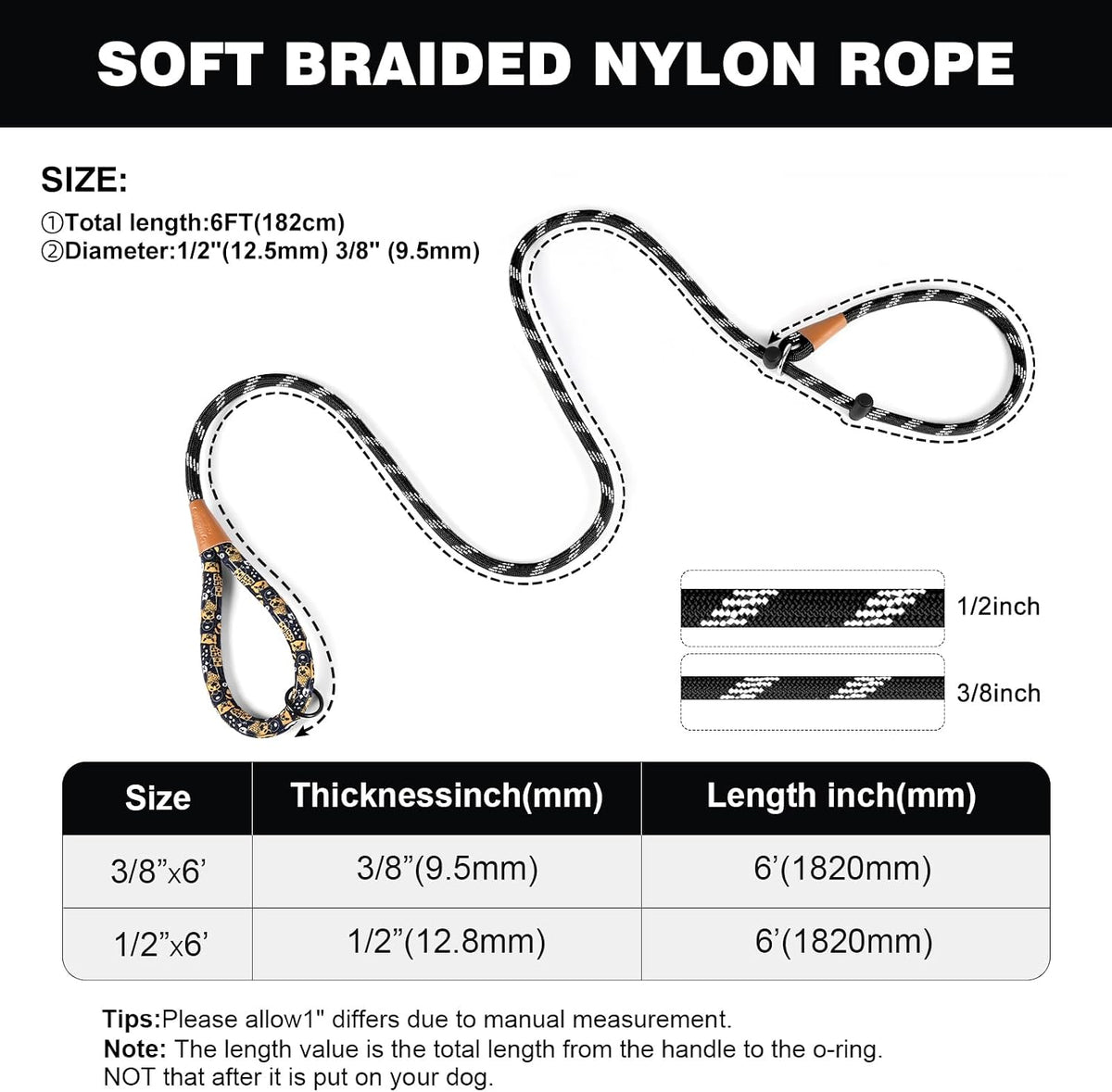 lynxking Slip Lead Dog Leash Reflective, Heavy Duty Comfortable Strong Rope for Large Medium Small Dogs No Pull Pet Training (Black, Large 1/2in x 6ft-Slip Lead)
