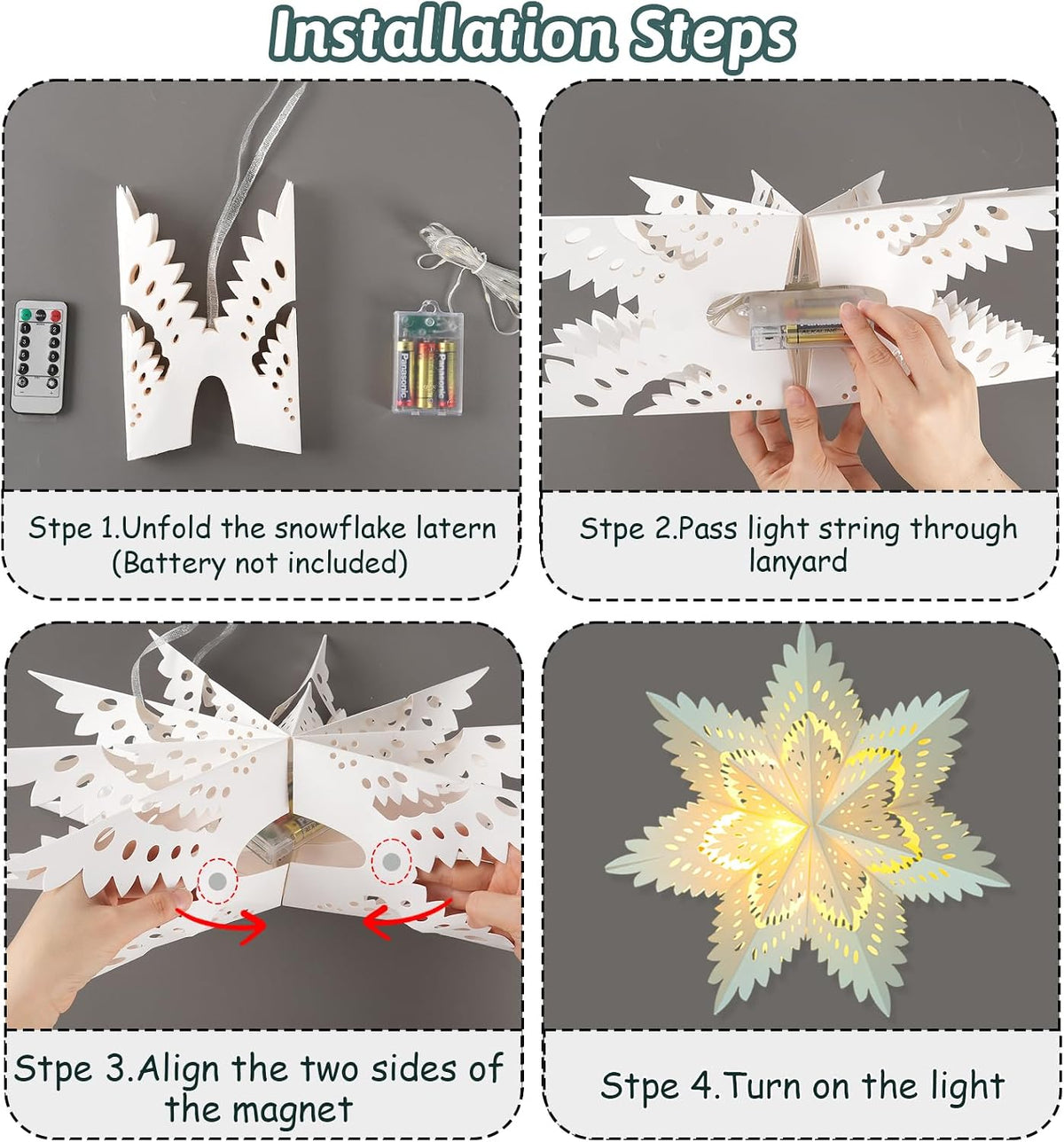 Paper Snowflake Lanterns with Lights, 5 Pack Christmas Hanging Decorations