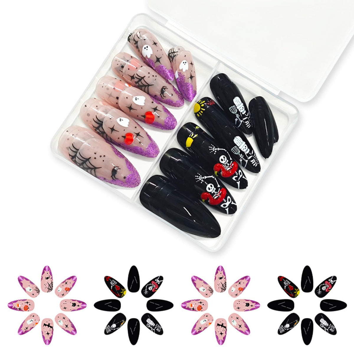 48Pcs Halloween Press on Nails Ghost Stick on Fingernails Monster Short Square False Nails Glossy Black Spider Web Acrylic Fake Nail Skull Gel Glue on Nail for Coquette Women Girls