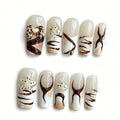 Luxury Handmade Press on Nails - Long Square White French Tips Press on Nail with Almond 3D Rhinestones, Flowers & Butterflies, Acrylic Multi-Layer Gel False Nails for Women (10Pcs Size M)