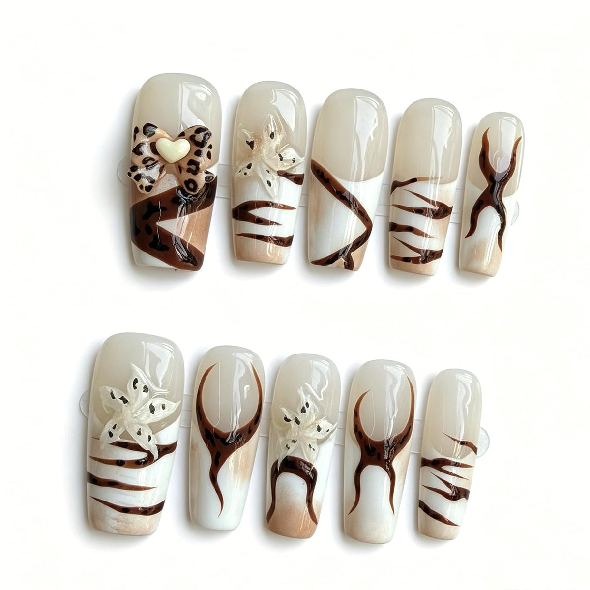 Luxury Handmade Press on Nails - Long Square White French Tips Press on Nail with Almond 3D Rhinestones, Flowers & Butterflies, Acrylic Multi-Layer Gel False Nails for Women (10Pcs Size M)