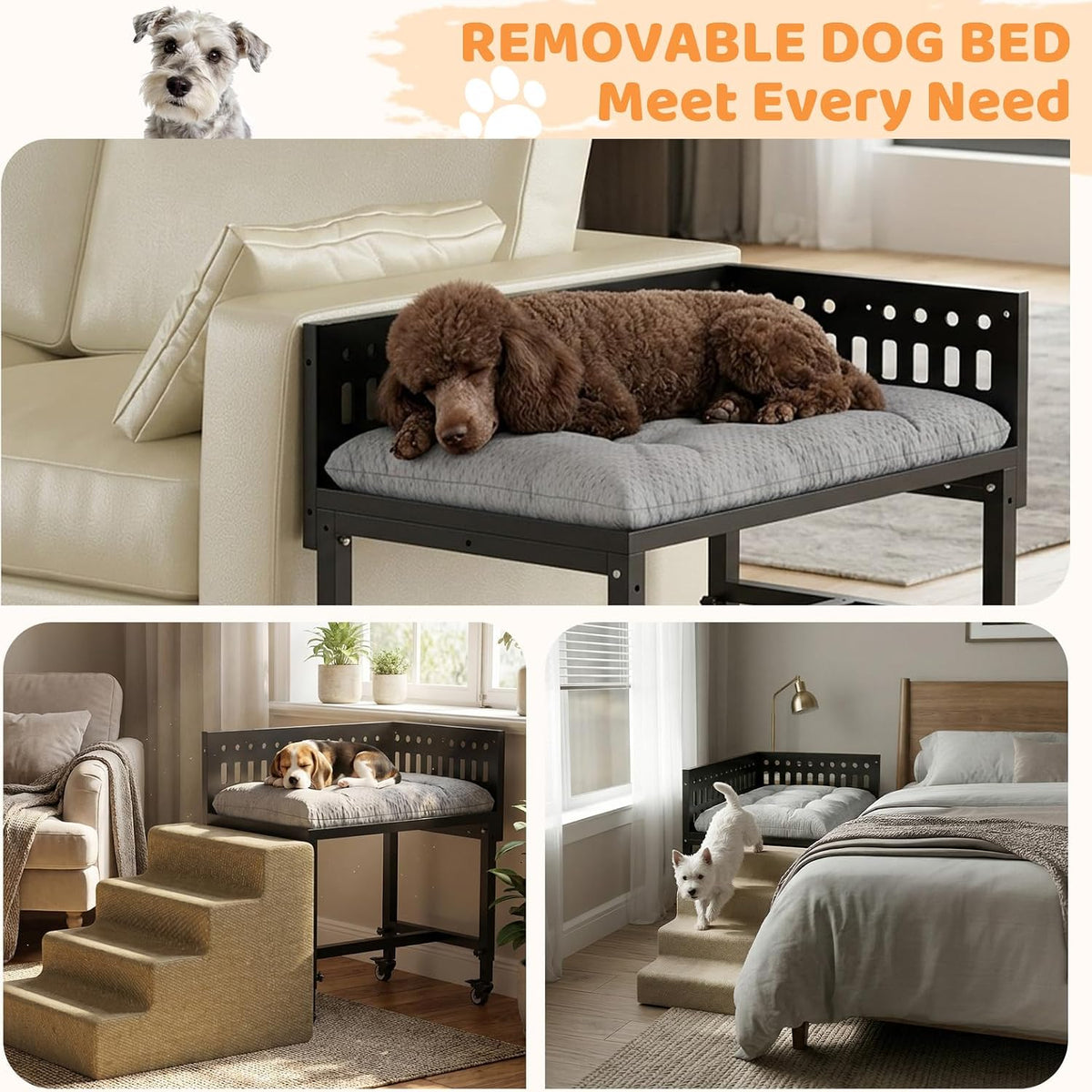 Beside Dog Bed,2 Panels Adjustable Height Dog Bunk Beds,26.8”x18.1” Metal Frame & Cushion, Converts to Bunk Bed or Bed Extension Attachment for Human Bed, for Small Dogs