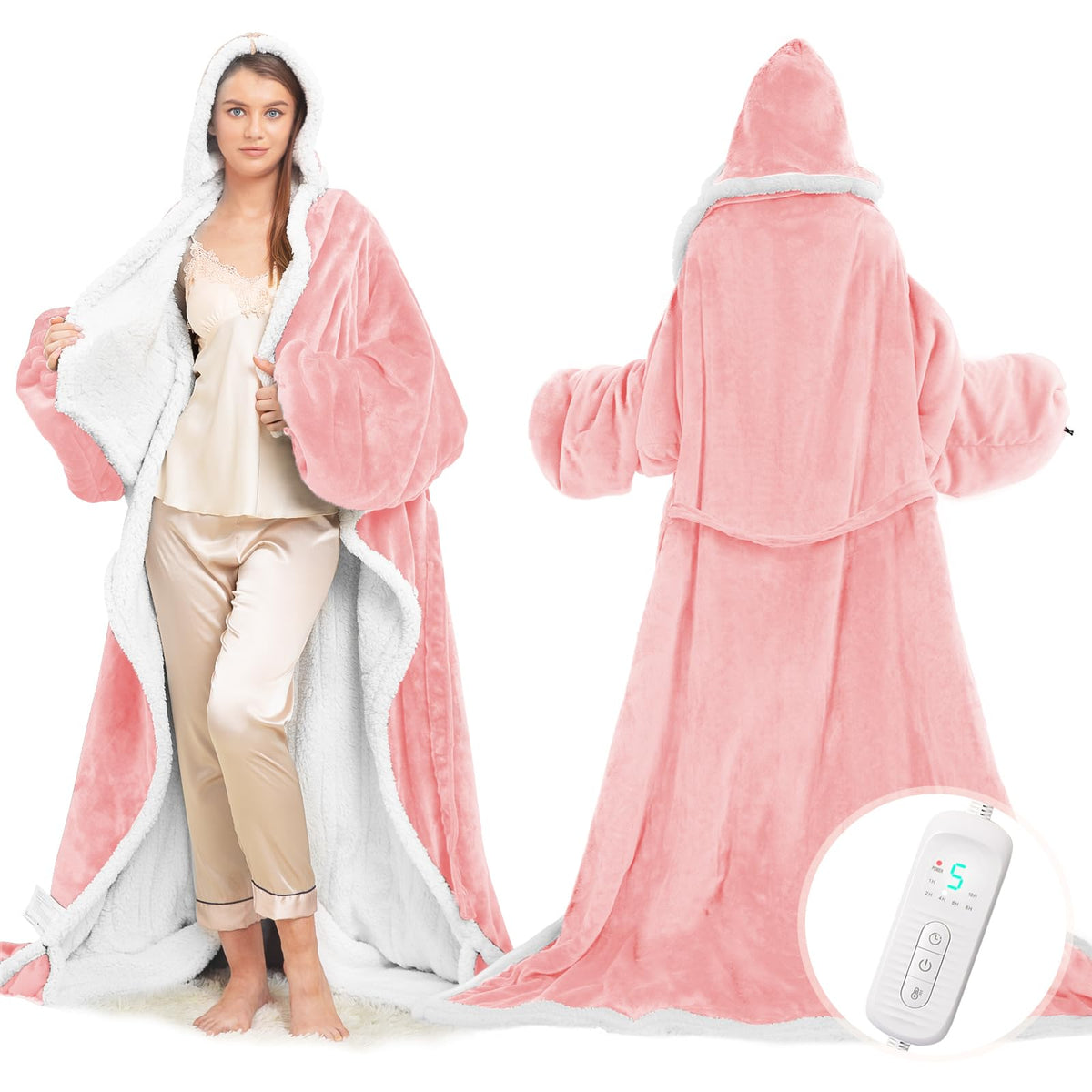 Wearable Heated Blanket with Foot Pocket, Electric Wearable Throw Blanket with Sleeves, Hood, Portable Heated Blanket with 8 Heat Settings, 1-10 Hours Auto Shut-off, Gift for Family, Friends, 50*70"