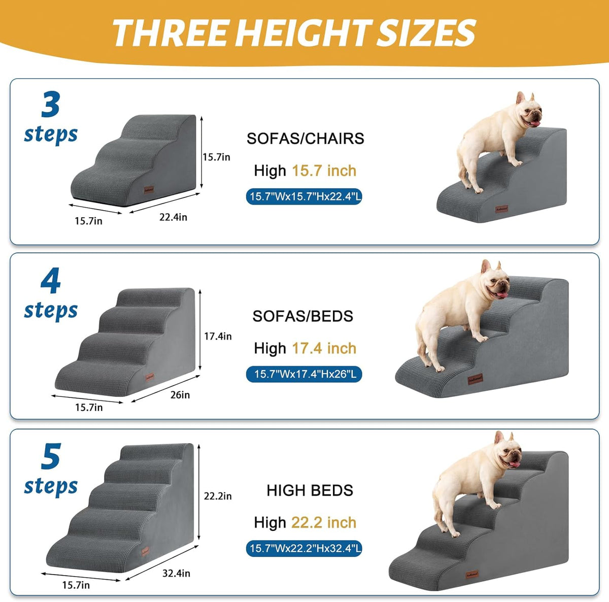 Aodisman Dog Stairs for Small Dogs and Cats,3-Step Pet Ramp for Bed & Couch | 15.7" H Non-Slip Sturdy Dog Steps with Curved Ramp for Senior,Short-Legged Dogs,Puppy and Cats to Reach Sofa or Chair,Grey