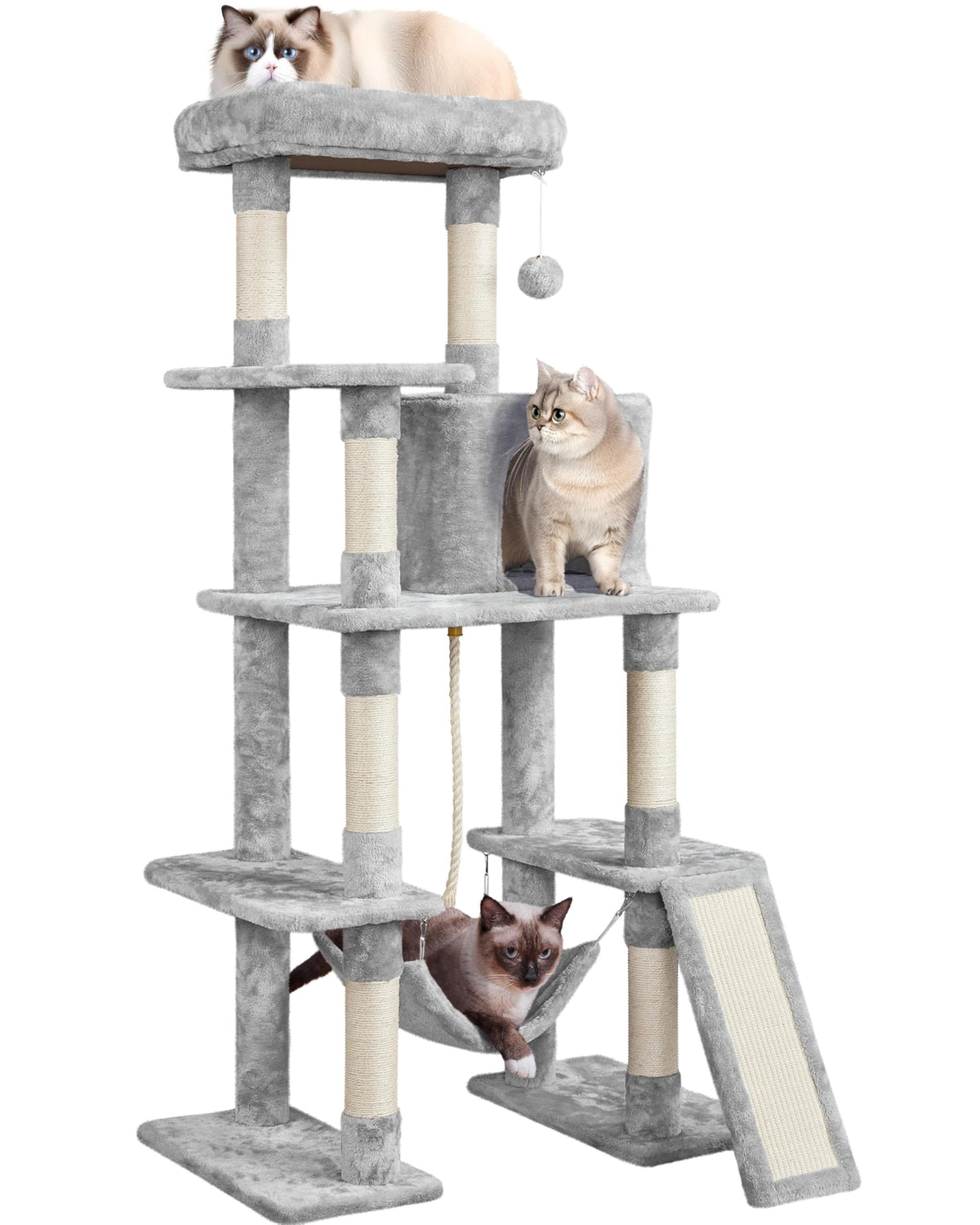 Yaheetech 63in Large Cat Tree for Heavy Cats up to 22lbs, Anti-Wobble Tower with Condo & Hammock, Space-Saving for Indoor Multi-Pet Households, Stops Furniture Scratching