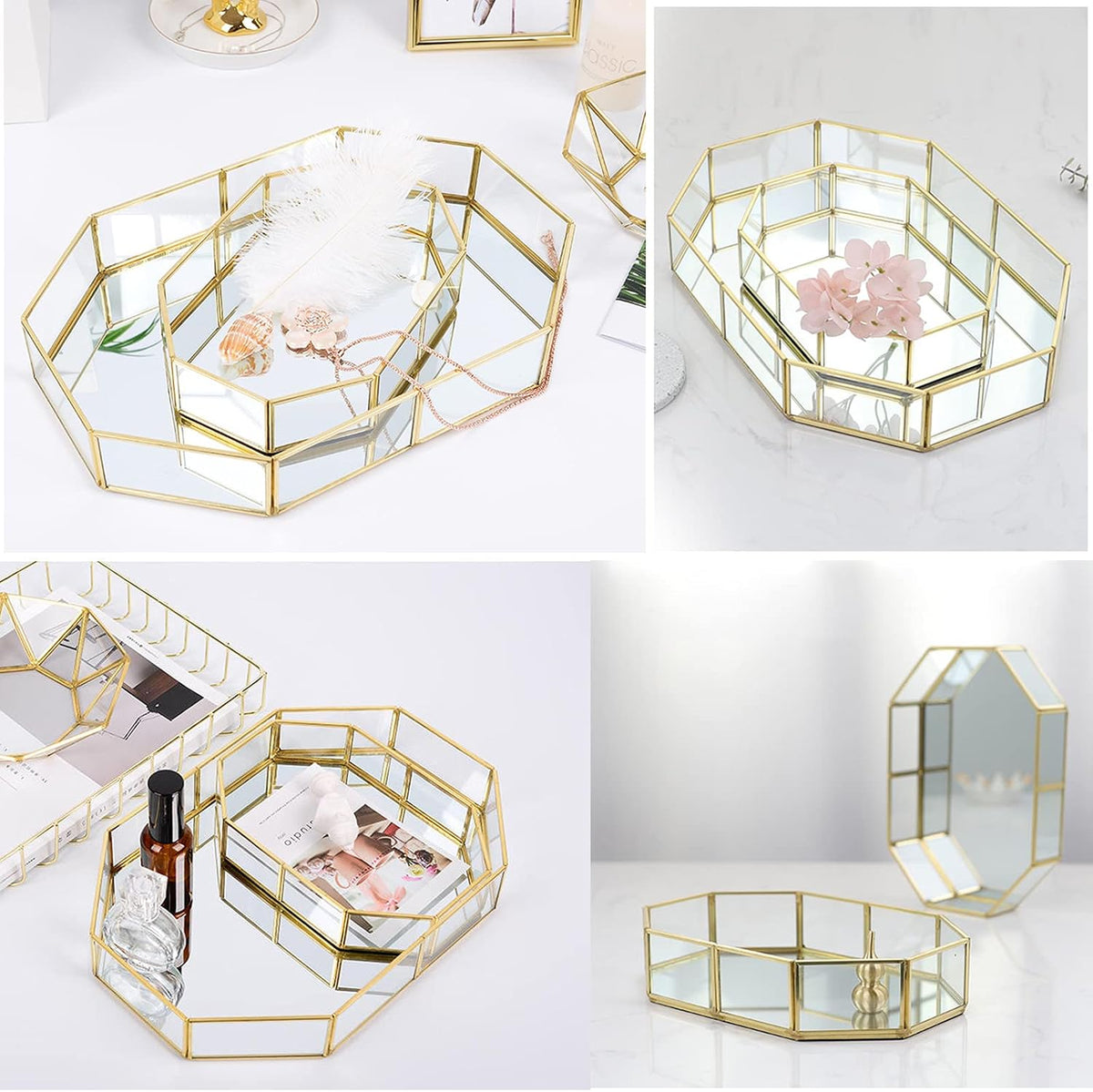 Hipiwe Mirror Glass Vanity Tray - Gold Ornate Makeup Organizer Perfume Tray