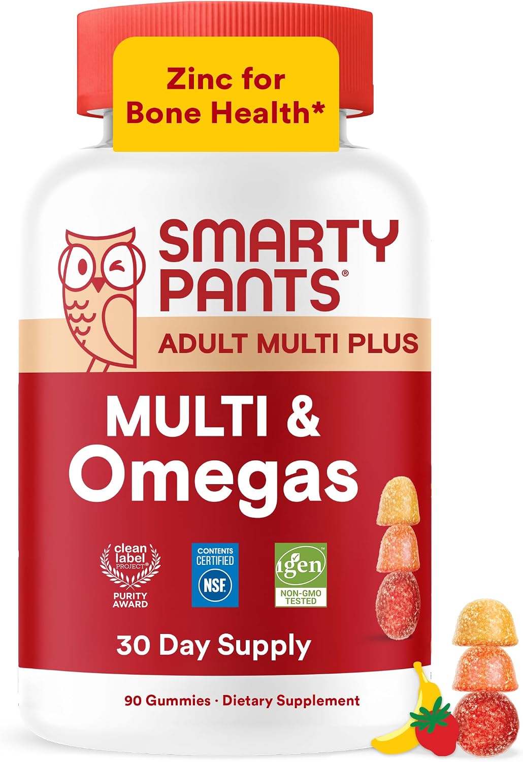 SmartyPants Plus Multi & Omegas Men and Women's Multivitamin Gummies with Omega 3 DHA/EPA, Vitamin D3, C, B12, B6, A, K, Zinc, Biotin, Clean Label, Three Fruit Flavors, 90 Count (30 Day Supply)