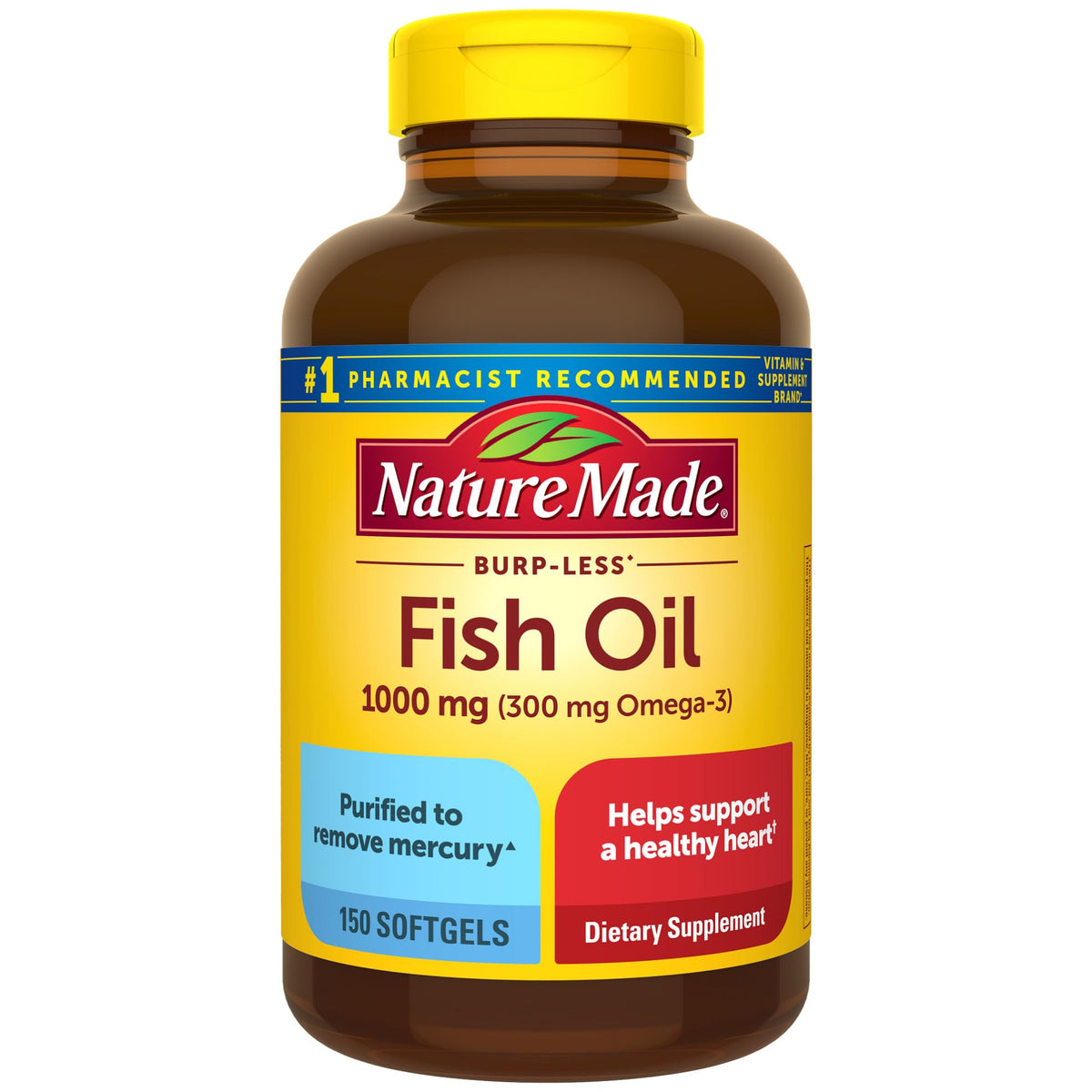 Nature Made Burp Less Ultra Omega 3 Fish Oil Supplements, 1400mg Fish Oil Omega 3 Supplements as Ethyl Esters for Healthy Heart Brain Eyes Support, One Per Day, 90 Softgels