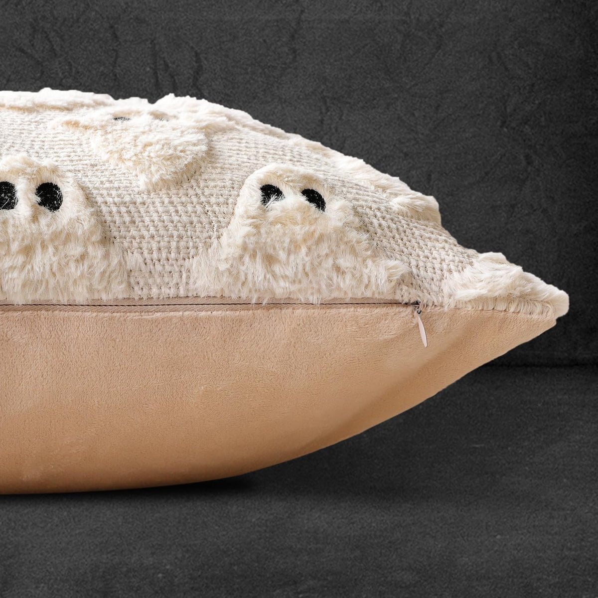 Halloween Ghost Decorative Pillow Covers 18x18 Set of 2, Beige Soft Plush Faux Fur Farmhouse Throw Cushion Cases for Fall Holiday Home Decorations