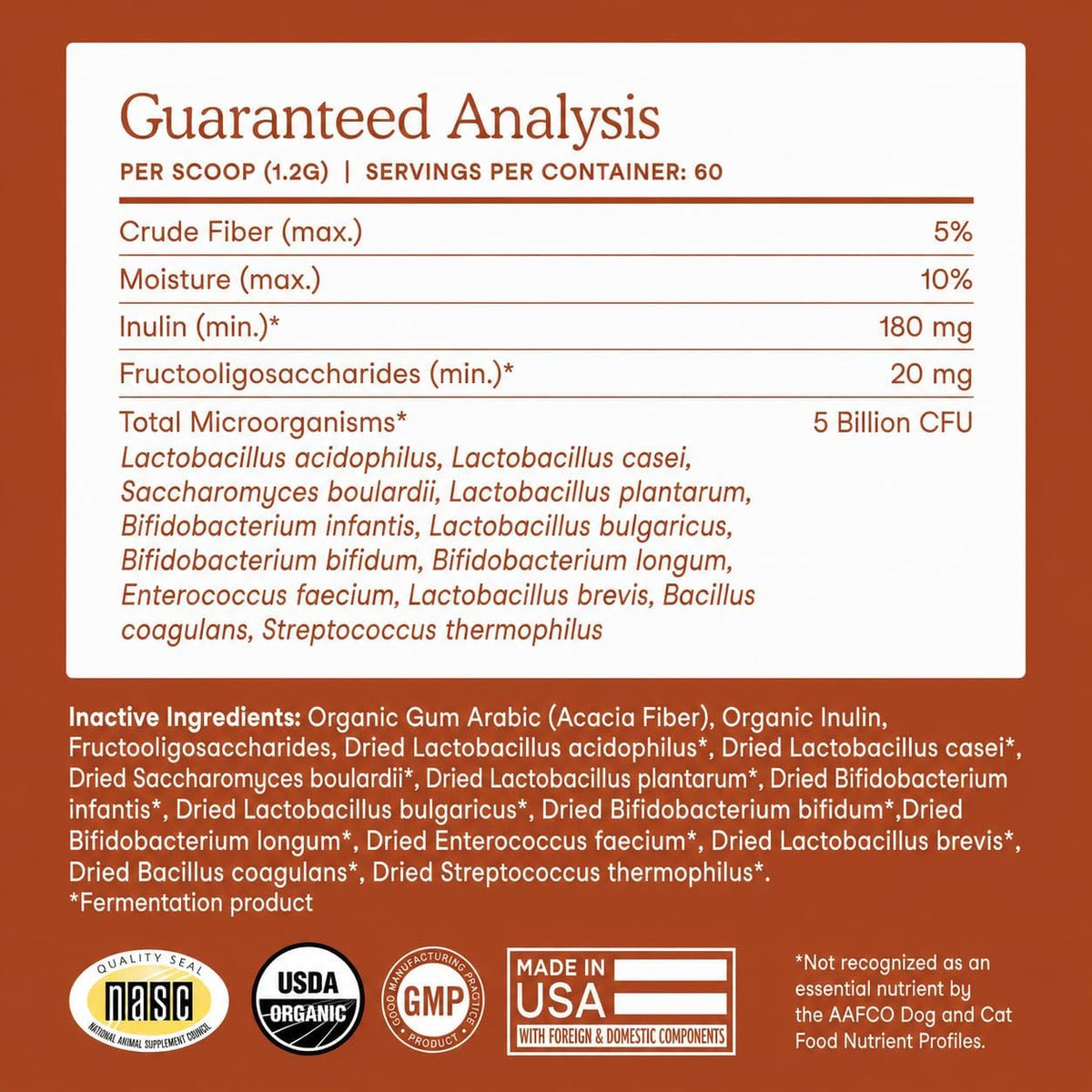 Fera Pets Organic Probiotics for Dogs & Cats with Prebiotics, 60 Scoops | USDA Organic Gut Health Powder Supplement with 12 Strains and 5 Billion CFUs for Immunity, Energy and Skin & Coat Health