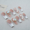 Luxury Handmade Press on Nails - Long Square White French Tips Press on Nail with Almond 3D Rhinestones, Flowers & Butterflies, Acrylic Multi-Layer Gel False Nails for Women (10Pcs Size M)