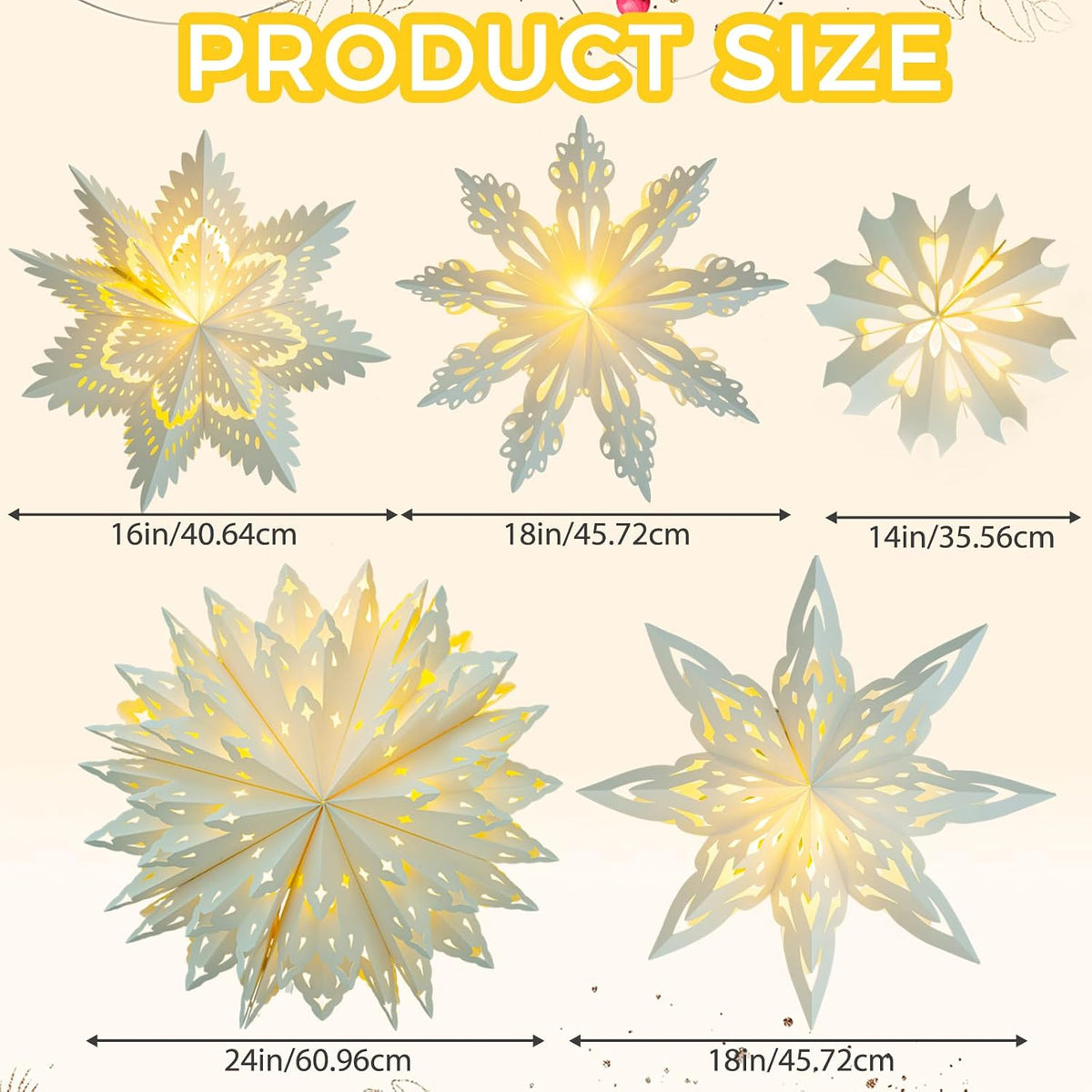 Paper Snowflake Lanterns with Lights, 5 Pack Christmas Hanging Decorations