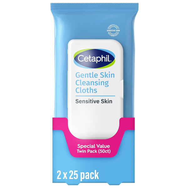 Cetaphil Cleansing Face & Body Wipes, Fragrance Free, 50ct, 2-Pack | Twin Pack, Hypoallergenic, Fragrance Free, Dry & Sensitive Skin, Flip-Top Closure, For Gym, Travel & Car Use