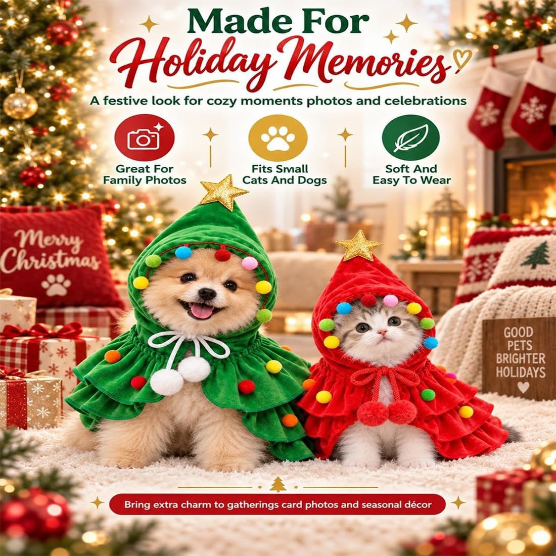 Dog Christmas Outfit Clothes, Holiday Tree Costume Cape for Small Pets，Green+Red