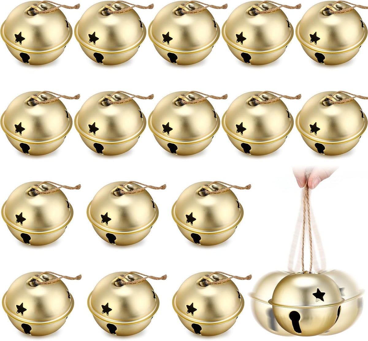 Zhengmy 16 Pcs Large Christmas Jingle Star Bell Xmas Ornament, Gold