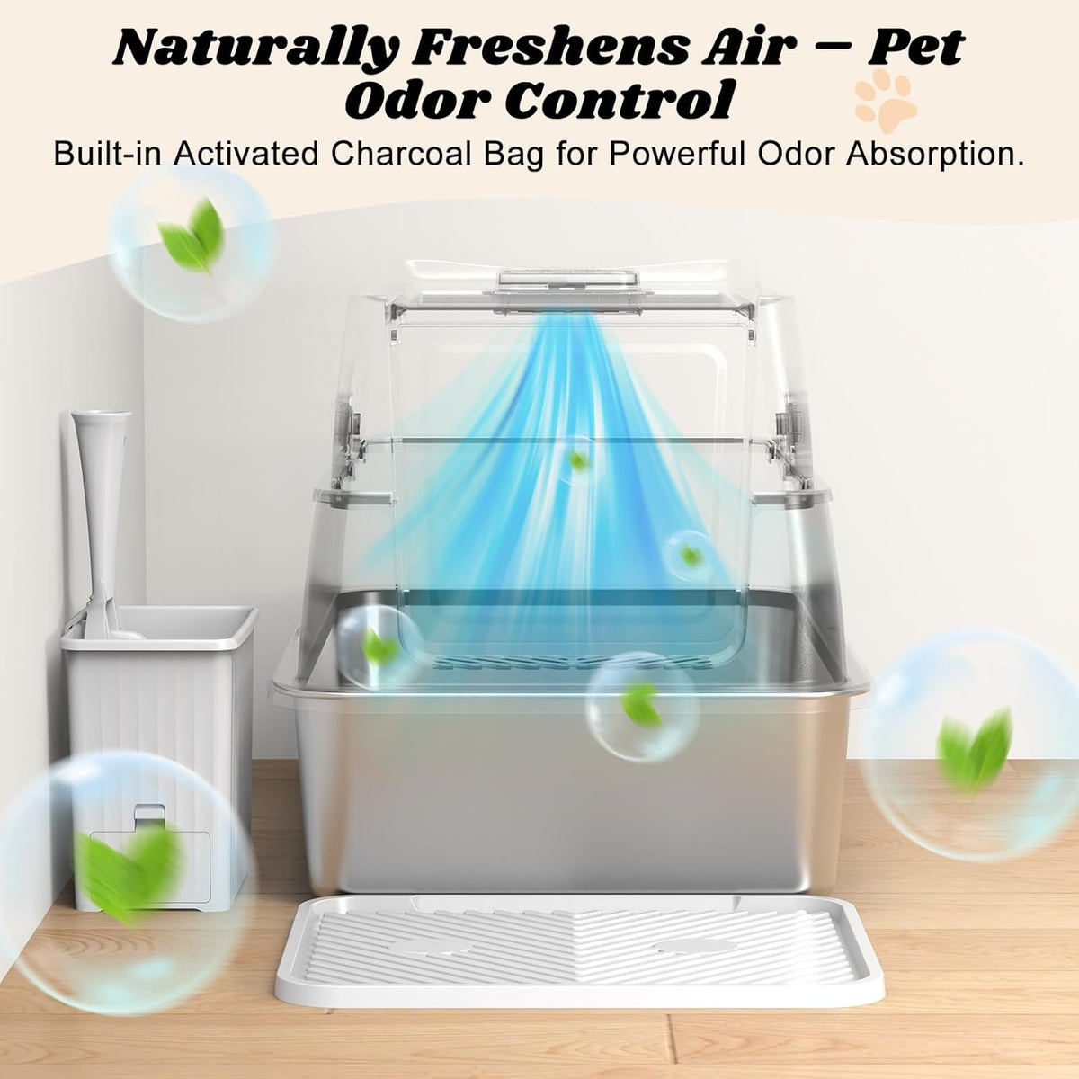 Stainless Steel Litter Box with Lid | Extra Large Enclosed Cat Litter Box for Big Cats | High Sided Metal Litter Boxes | 100% Anti-Urine Leakage | Odor Control | Non-Stick with Litter Scoop Set & Mat
