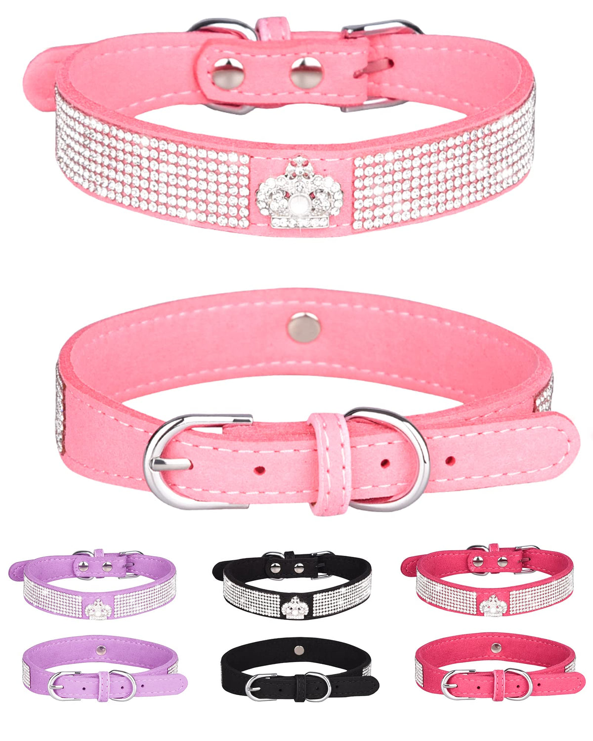 Bling Dog Collar for Small Medium Large Dogs, Crown Rhinestone Dog Collars for Girl and boy Dog, Diamond Puppy Collars, Adjustable Leather Suede SOFE Cat Collar (S(10.6"-13"/27CM-33CM), Pink)