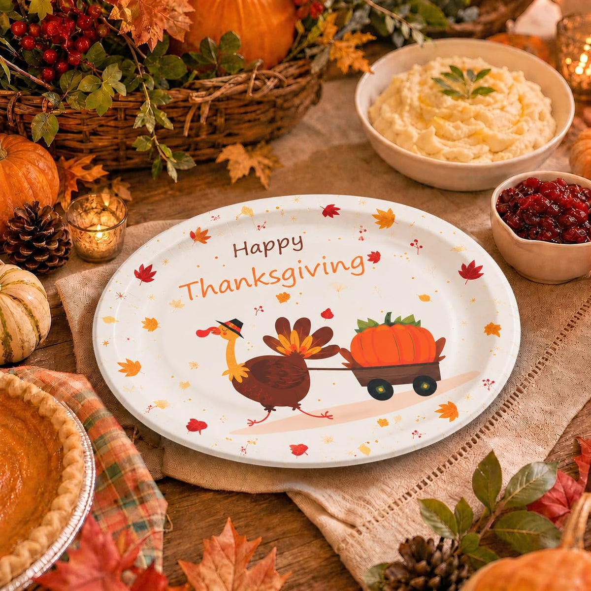50Pack Thanksgiving Oval Plates Paper - 10" x 12" Happy Thanksgiving Plates Disposable Dinner Supply - Turkey Thankful Pattern