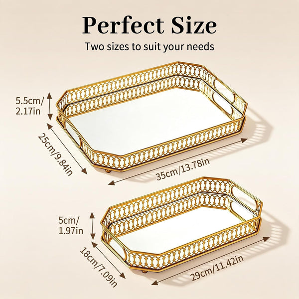 2 PCS Bar Cart Tray, Gold Mirror Tray with Handles for Home Decor