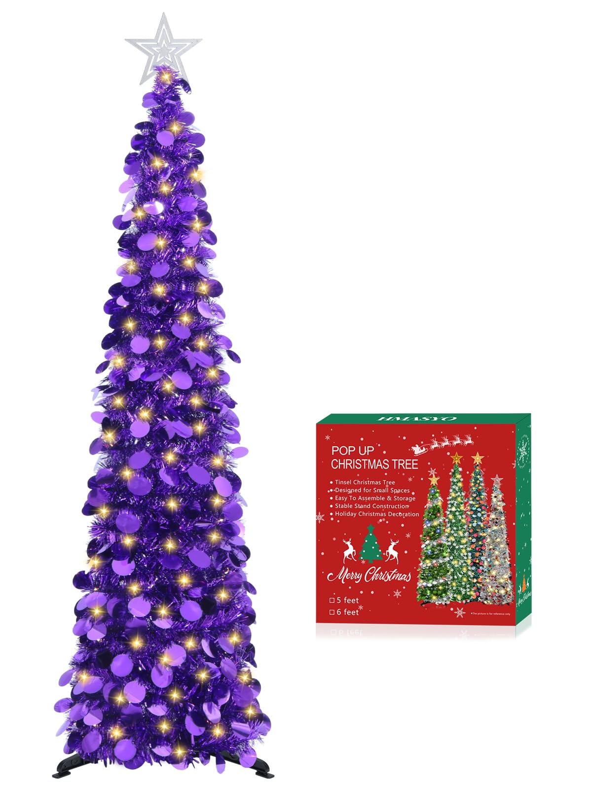 HMASYO 6 FT Pop Up Christmas Tree with 100 LED Timer Lights & Remote, Green Christmas Tinsel Tree, Collapsible Artificial Pencil Tree for Home Office Party Decor, USB Powered, Easy Assembly