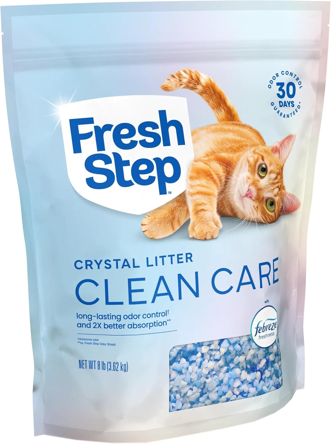 Fresh Step Clean Care Crystsal Cat Litter with Febreze Freshness, Ammonia Block Technology, Lightweight Fresh Step Crystals, Low Dust, 8 lb. Bag, Pack of 2