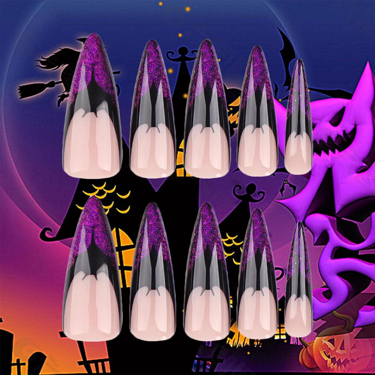 Halloween Long Stiletto Press on Nails Glossy Purple Glitter Acrylic False Nails 24Pcs Sparkly Fake Nail Black Bats Gel Glue on Nail French Tips Stick on Fingernails for Coquette Women Girls