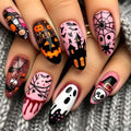 Pink Halloween Press on Nails Long Coffin Fake Nails Cute Ghost Bat Spider Web Design Glossy Acrylic Nails Reusable Stick on Nails Full Cover Artificial Nails Halloween Costume Party Daily Nail Decor
