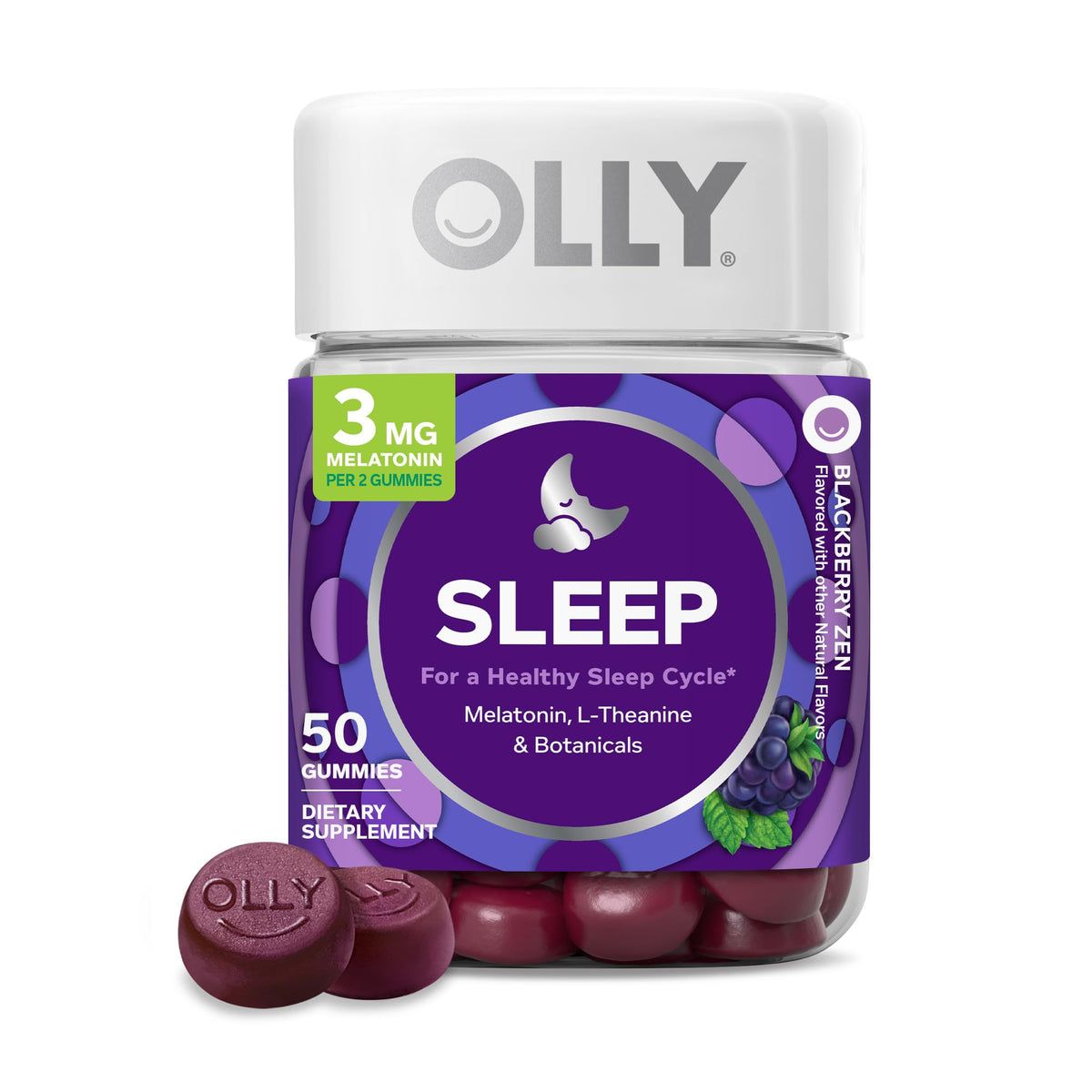 OLLY Sleep Gummies for Adults, 3 mg Melatonin Gummies with L-Theanine, Sleep Support for Restful Sleep*, Non-Habit Forming Sleep Support*, BlackBerry Zen, Gluten Free, 90 Count