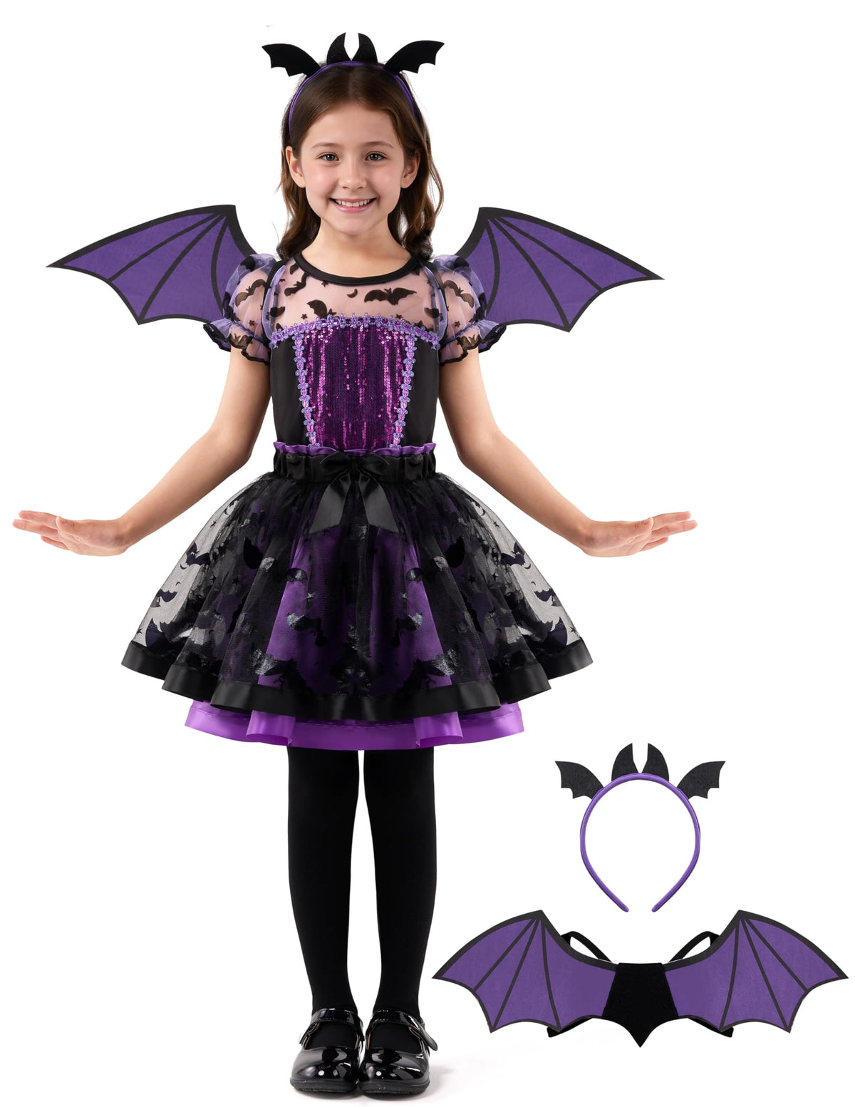 Spooktacular Creations Halloween Girl Purple Bat Tutu Costume, Toddler Bat Vampire Outfit for Kids Halloween Dress Up Party