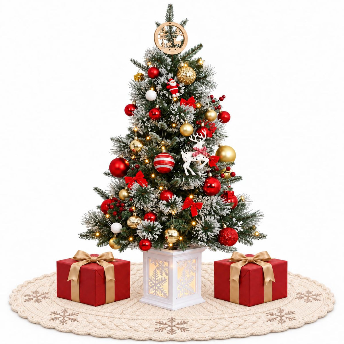 3 Ft Pre-Lit Christmas Tree, Artificial Christmas Tree with Base, Xmas Tree with Timer, Christmas Decoration for Home, Office, Easy Assembly