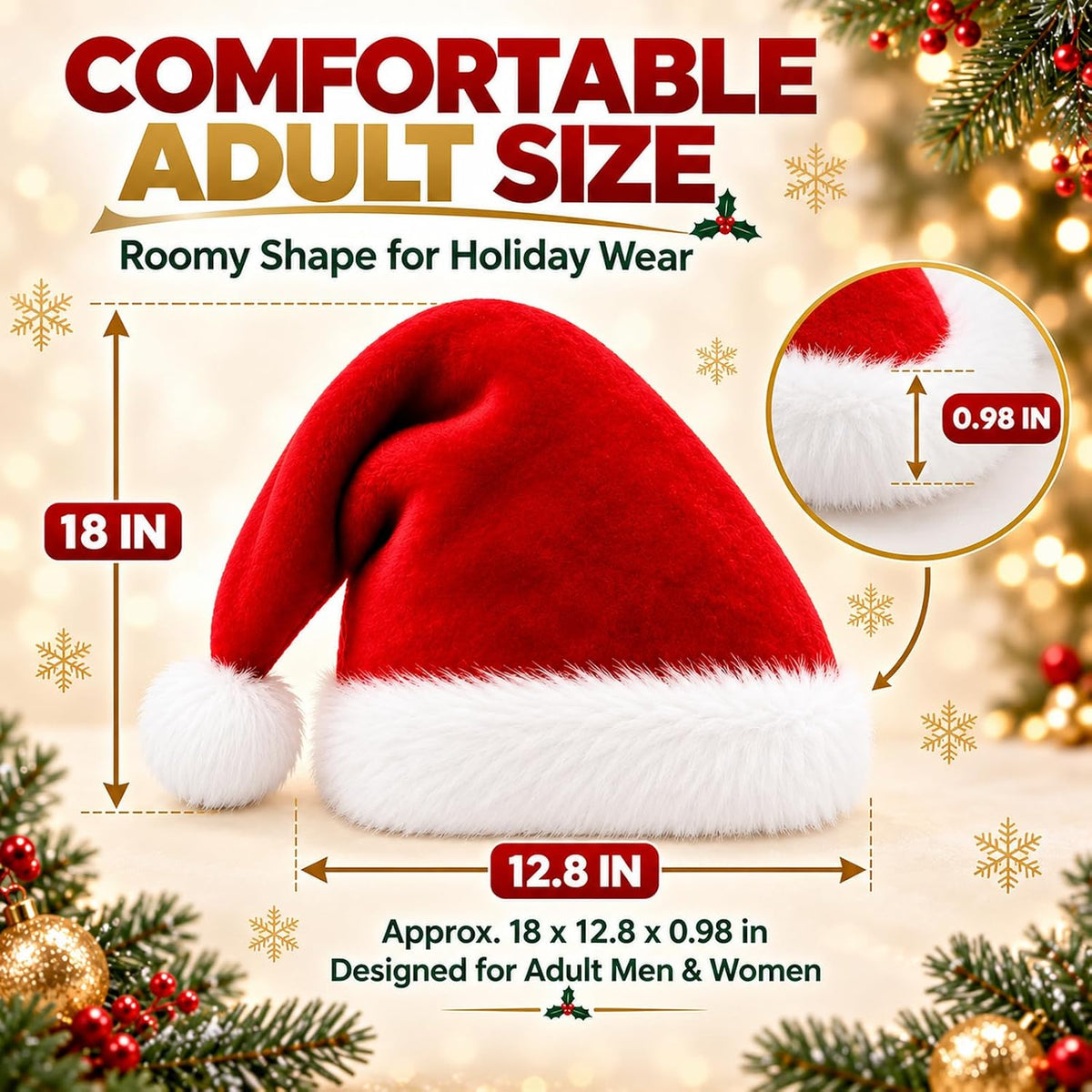 Christmas Santa Hat Hats for Adults Thicken Soft Comfort Adult Headwear Costume Headband Accessories Xmas Holiday Decorations New Year Party Favors Elf Hair Gorros De Navidad Para Adultos