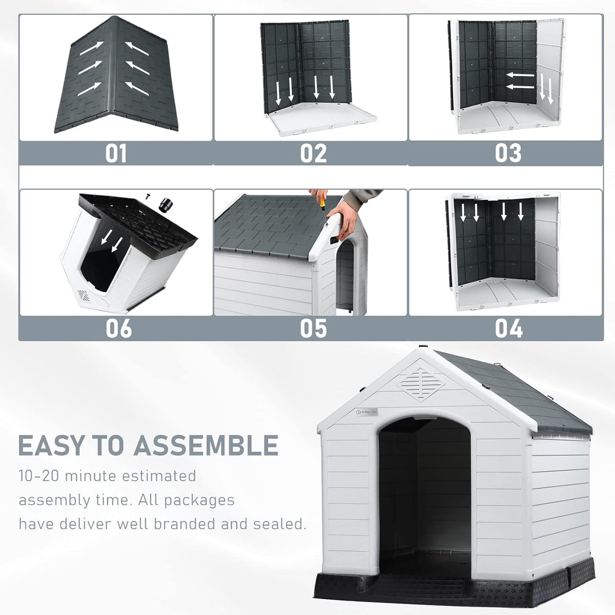 LEMBERI Durable Waterproof Plastic Dog House for Small to Large Sized Dogs, Indoor Outdoor Doghouse Puppy Shelter with Elevated Floor, Easy to Assemble (Gray, 39" L x 35" W x 37.4" H)