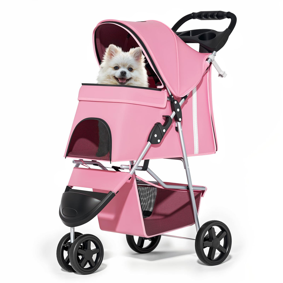 MoNiBloom 3 Wheels Pet Stroller, Foldable Dog Cat Cage Jogger Stroller with Weather Cover for All-Season, Storage Basket and Cup Holder, Breathable and Visible Mesh for Small/Medium Pets, Blue