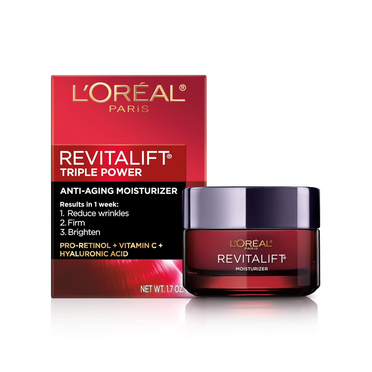L'Oreal Paris Revitalift Triple Power Anti-Aging Face Moisturizer, Fragrance Free, Pro Retinol, Hyaluronic Acid & Vitamin C to Reduce Wrinkles, Firm & Brighten Skin, 2.55 Oz