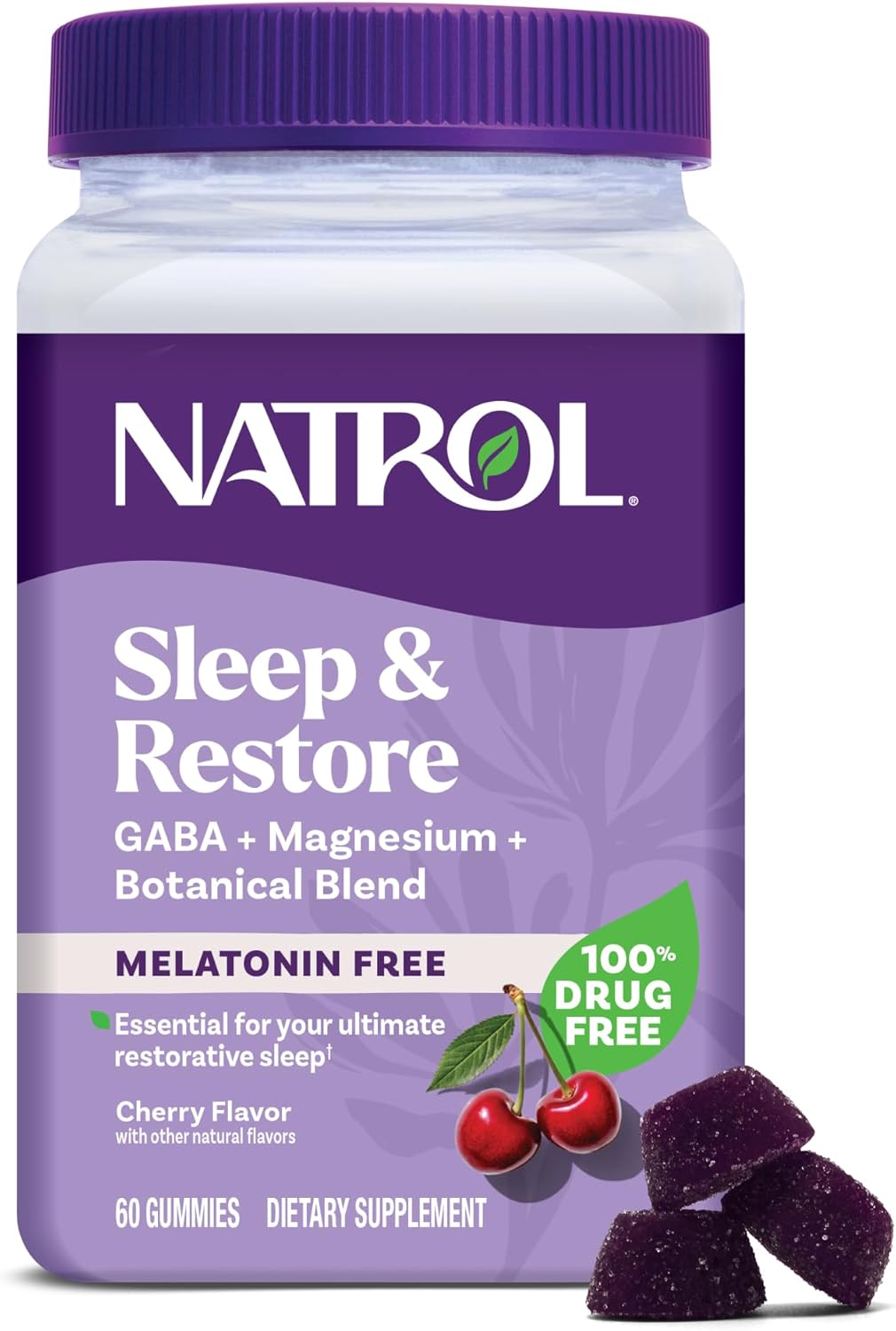 Natrol Sleep & Restore Magnesium Glycinate Blend Gummies, Cherry, 60 Count | Melatonin-Free, Nightitme Sleep-Aid for Adults, Calm Magnesium Glycinate with GABA, Botanical Blend, 100% Drug-Free