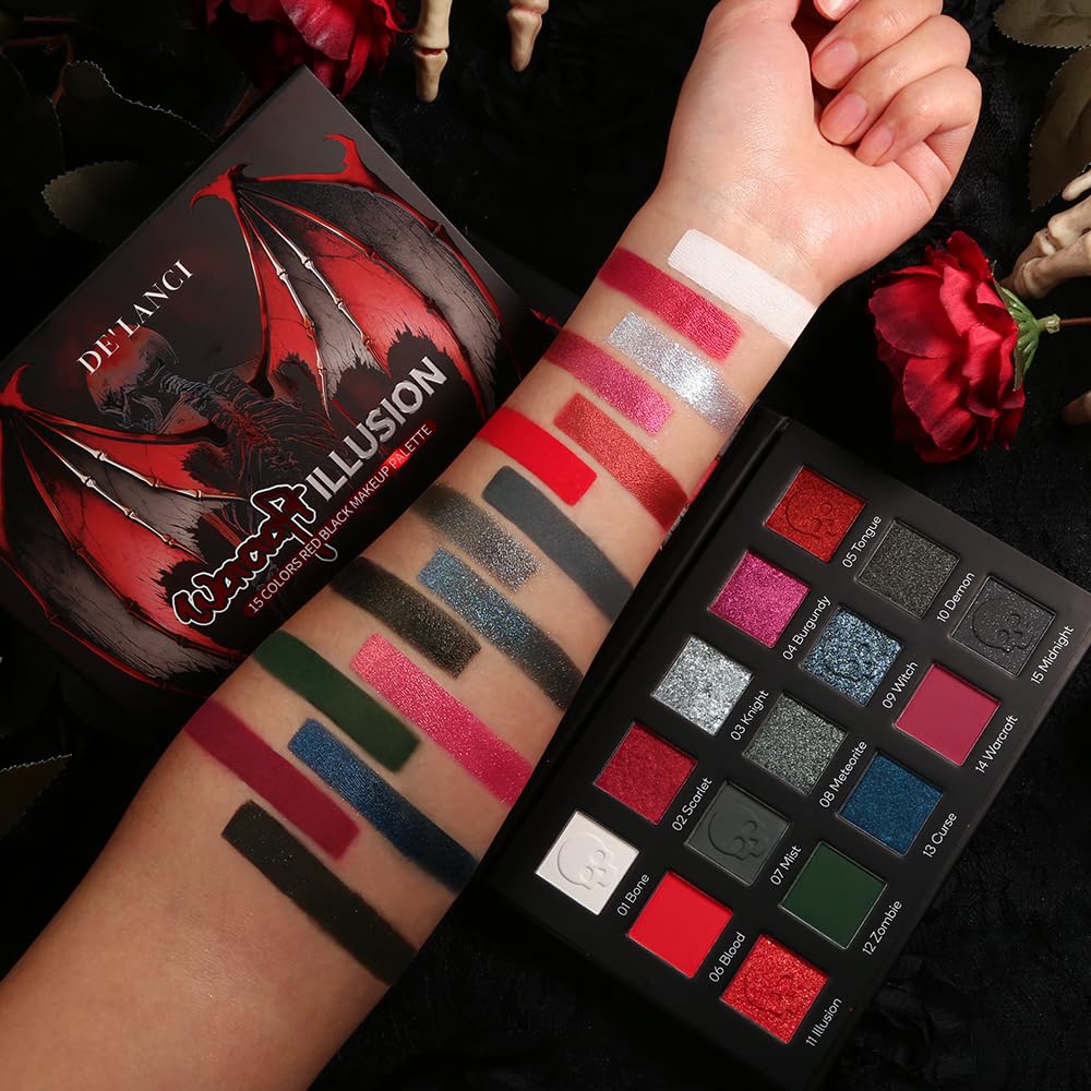 DE'LANCI Red Black Goth Eyeshadow Palette, Red Eyeshadow Goth Makeup Palette, Gray Silver Shimmer Glitter Eye shadow Pallet, Burgundy Eye Shadow for Vampire Clown Halloween Makeup,High Pigment,Vegan