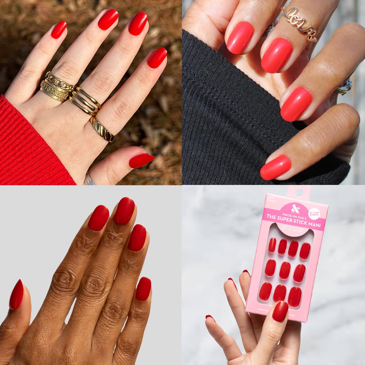 Olive & June Super Stick Press-On Nails, Lollipop Cherry Red, Short, Round | No glue needed; 32 non-toxic tab nails in 16 sizes, easy on-off, non-damaging, 7-day wear; salon-quality mani at home