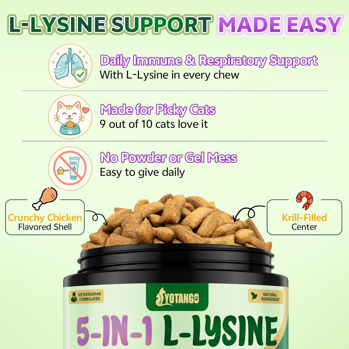 Lysine for Cats, L-Lysine for Cats Chews & Lysine Treats, 500 Chews, Immune Support with L-Lysine Supplement, Colostrum, Quercetin & Omega-3, Respiratory, Sneezing, Runny Nose, Eye, Chicken Flavor