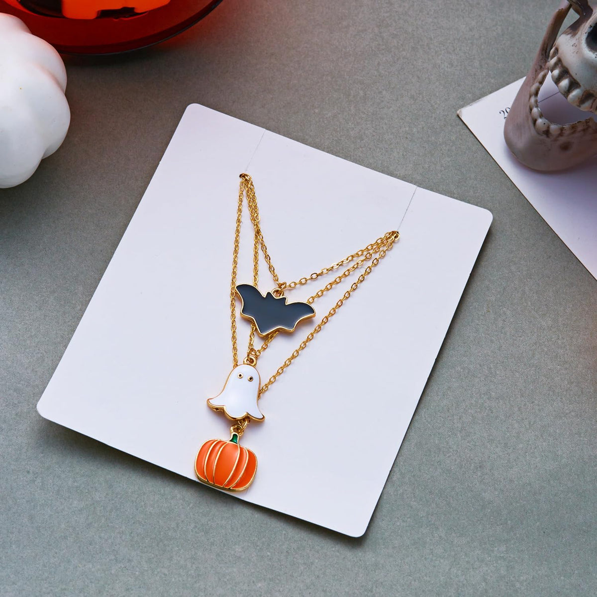 MALOYANVE 3Pcs Halloween Necklaces Set Ghost Bat Pumpkin Costume Jewelry