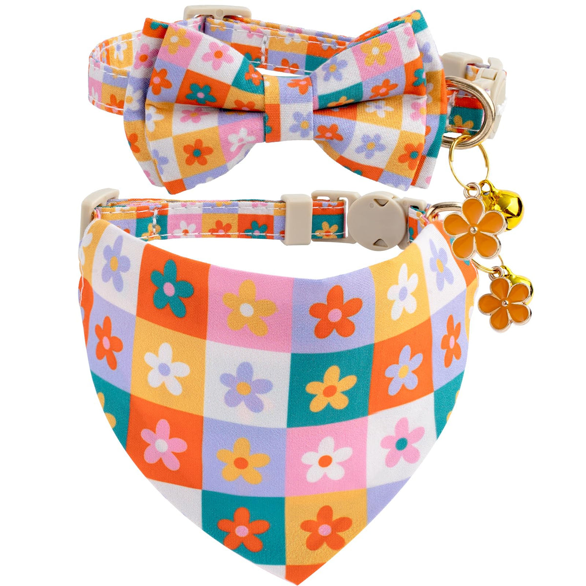 Faygarsle 2 Pack Blueberry Pattern Cat Collar Set with Bandana and Bow Tie, Light Blue, Breakaway Style with Bell