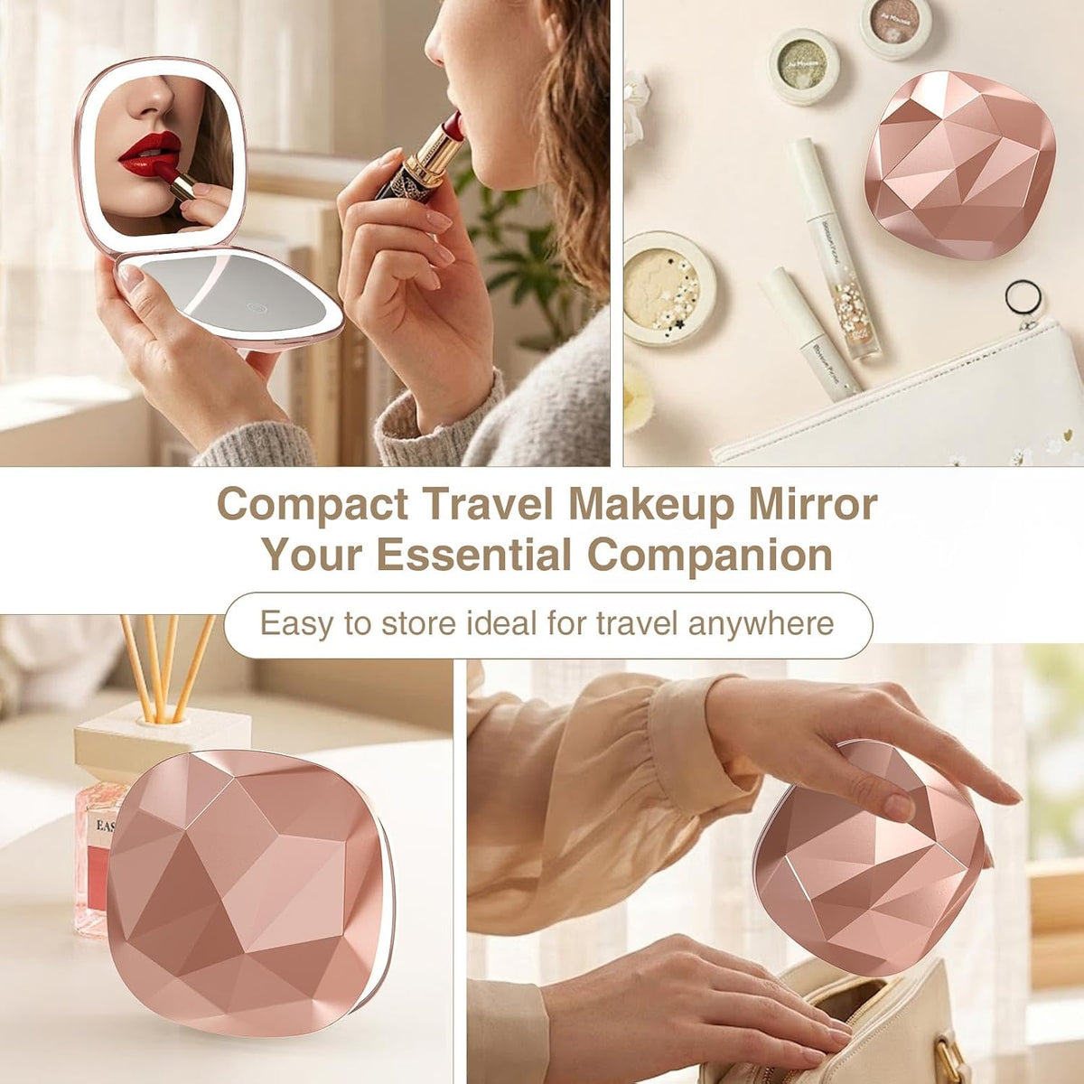 Travel Makeup Mirror with Light, 10X/1X Magnifying Compact Mirror for Purse, Portable Double Sided Folding Pocket Size, Dimmable LED & USB Rechargeable(Rose Gold)