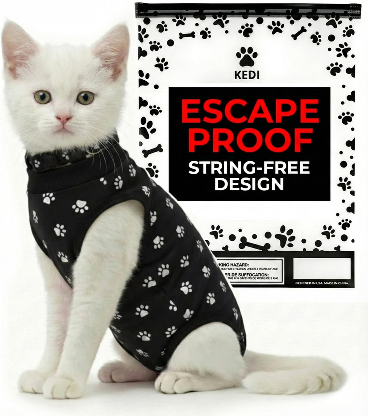 Cat Surgery Recovery Suit Female Cat Onesie for Cats After Surgery Spay Surgical Abdominal Wound Skin Diseases E-Collar Alternative Wear Kitten (Black, Large)