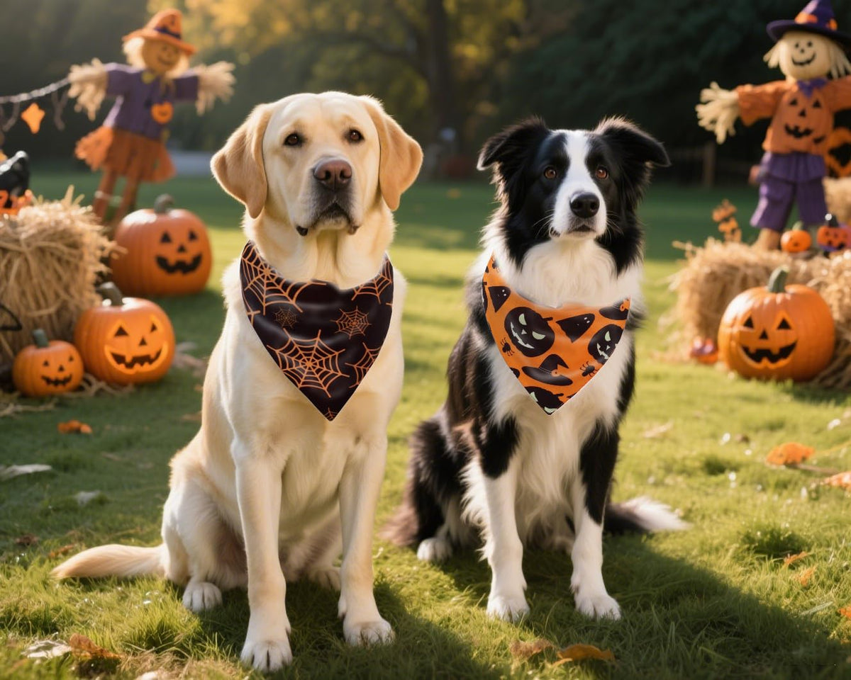 Fall Dog Bandanas 2PCS Halloween Pumpkin Spider Web Large Dogs | 2PCS reversible dog bandanas for fall & Halloween & Thanksgiving.Orange plaid/pumpkin/Spider Web design.Fits medium-large dog